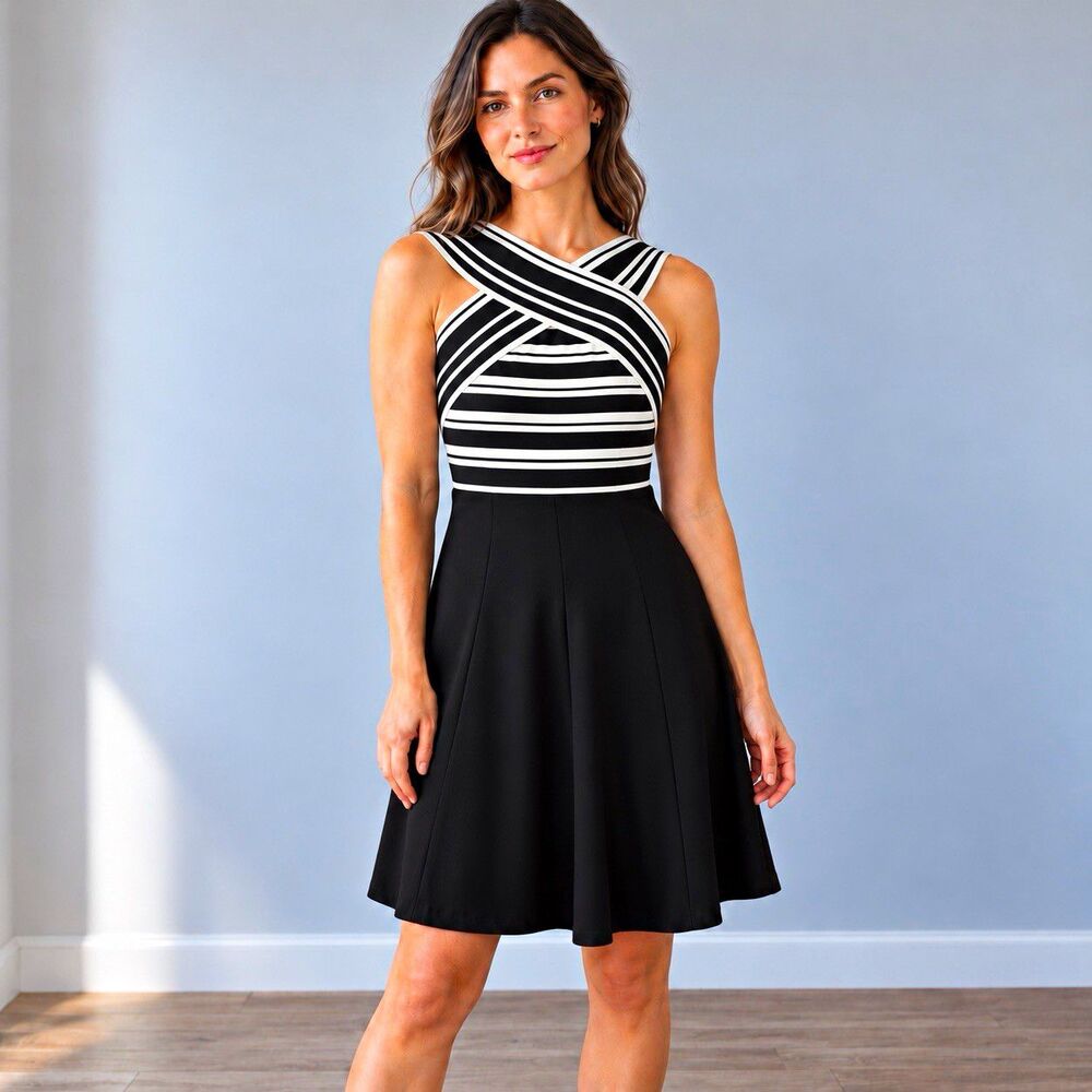 NWT Anthropologie Maeve Crosswise Flare Dress Size 6 Black White Striped
